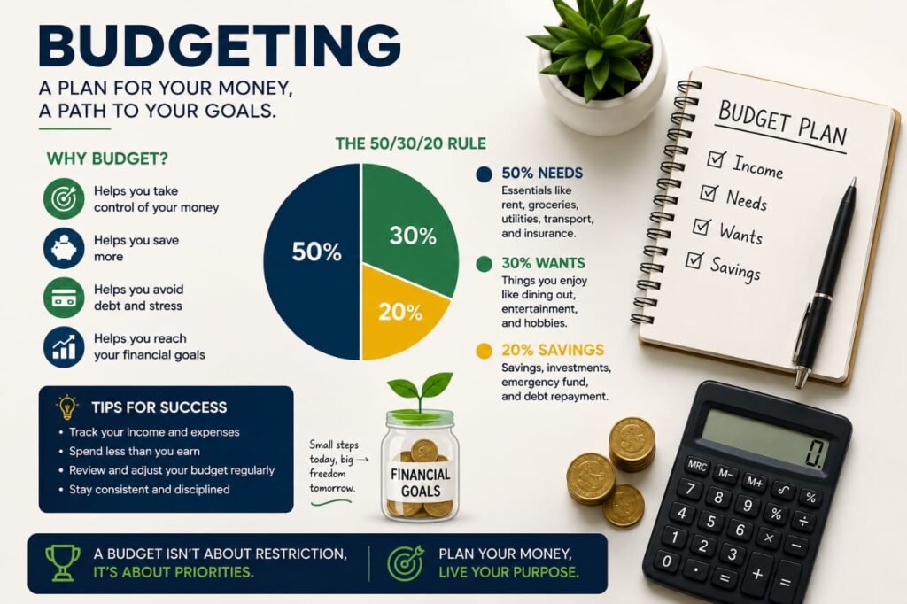 Budgeting infographic showing the 50/30/20 rule for needs, wants, and savings