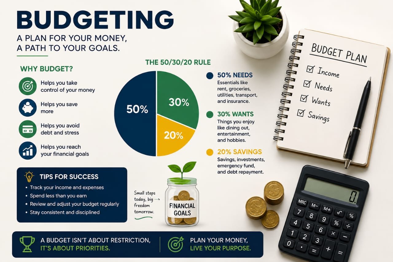 Budgeting infographic showing the 50/30/20 rule for needs, wants, and savings