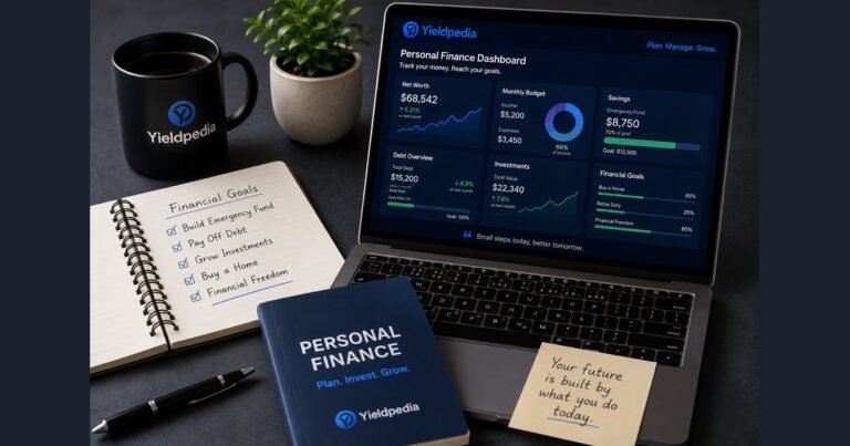 Yieldpedia personal finance dashboard showing net worth, budget, savings, and financial goals tracking