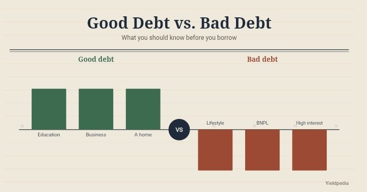 Chart comparing good debt (education, business, home) with bad debt (lifestyle spending, BNPL, high-interest loans)